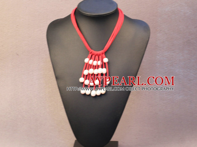Popular Hot Sale Natural White Freshwater Pearl Red Leather Tassel Necklace