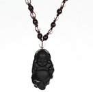 Obsidian Perler og Clear Crystal halskjede med Laugh Baddha Pendant