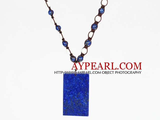 White Porcelain Stone and Lapis Necklace with Rectangle Shape Lapis Pendant