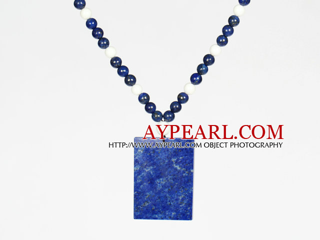 White Porcelain Stone and Lapis Necklace with Rectangle Shape Lapis Pendant