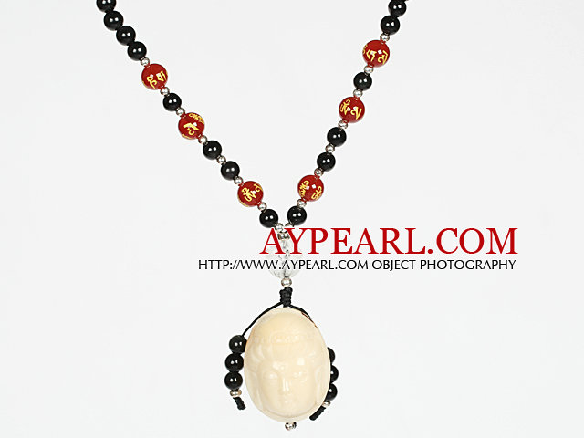 Obsidian Beads and Agate Necklace with Corozo Nut Laugh Baddha Pendant and Silver Beads