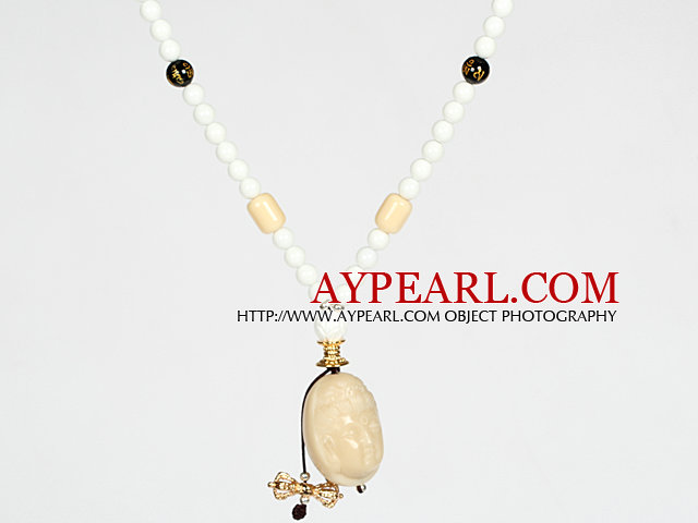 White Porcelain Stone and Black Agate Necklace with Corozo Nut Laugh Baddha Pendant