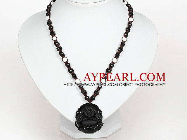 Obsidian Perlen und weißen Porzellan Stein Halskette mit Laugh Baddha Anhänger