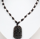Obsidian Beads and White Porcelain Stone Necklace with Drangon Pendant