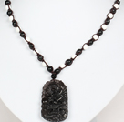 Wholesale Obsidian Beads and White Porcelain Stone Necklace with Drangon Pendant