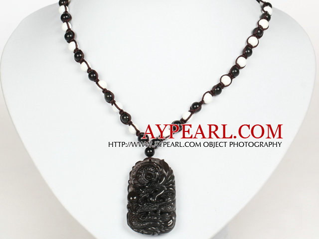 Obsidian Perlen und weißen Porzellan Stein Halskette mit Anhänger Drangon