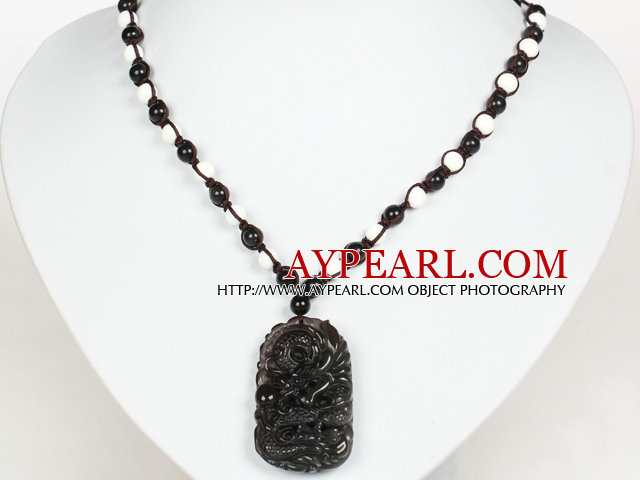 Obsidian Beads and White Porcelain Stone Necklace with Drangon Pendant