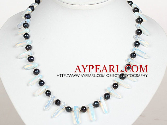 Black Pearl and Opal Crystal Necklace with Lobster Clasp