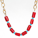 Cylinder Shape Red Coral and Turquoise Necklace with Metal Chain