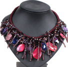 Fantastic Sparkly Multi Color Crystal Rose Red Agate Hand-Knitted Party Necklace