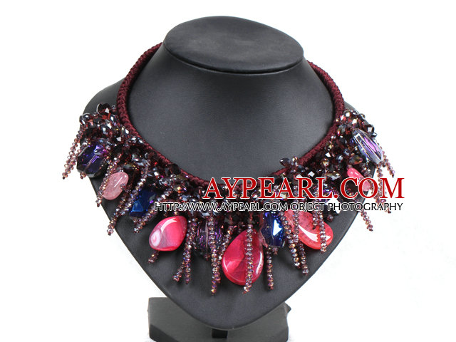 Collier brillant fantastique Multi Color Crystal Rose Red Agate tricoté à la main Parti