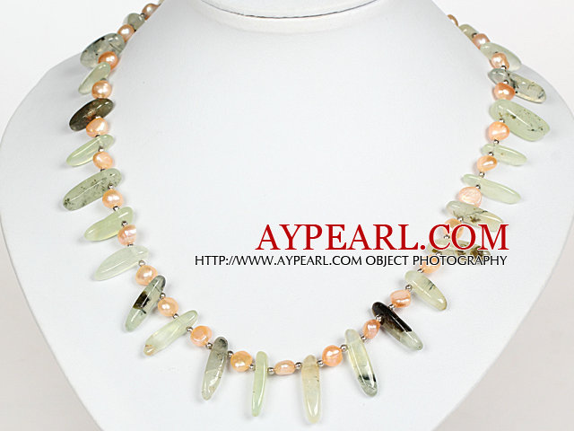 Pink Freshwater Pearl og Prehnite Stone Halskjede