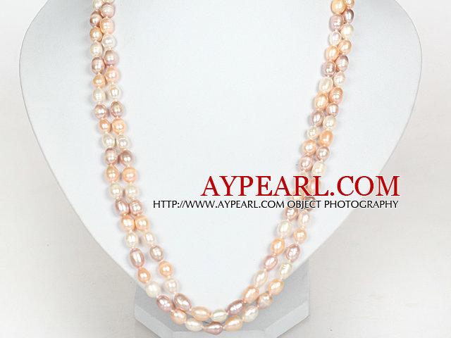 Long Style 6-7mm White Pink and Violet Freshwater Pearl Beaded Necklace