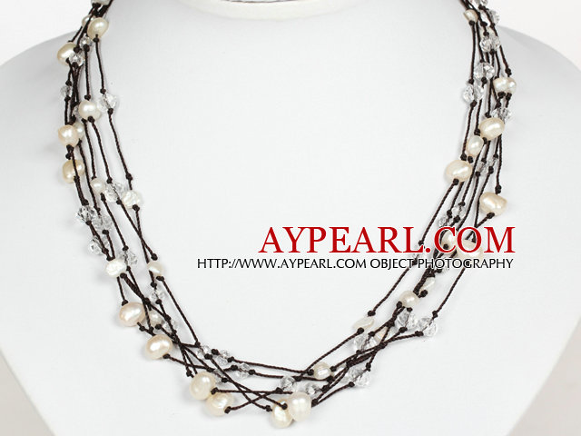 Multi Strands White Pearl och Clear Crystal Halsband