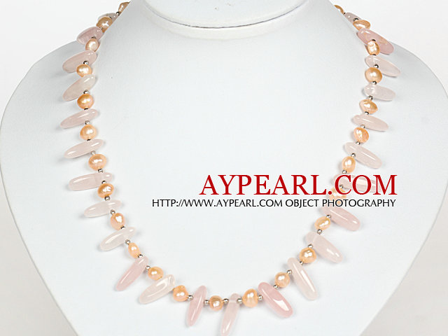 Pink Freshwater Pearl and Rose Quartz Necklace with Lobster Clasp