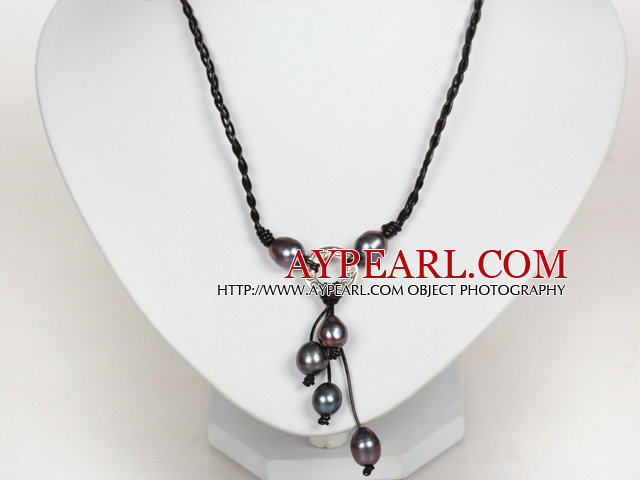 10-11mm Natural Black Freshwater Pearl Leather Necklace with Shell Clasp