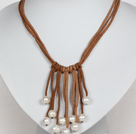 10-11mm Natural White Freshwater Pearl Tassel Necklace with Brown Leather Cord