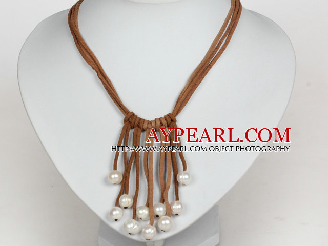 10-11mm Natural White Freshwater Pearl Tassel Necklace with Brown Leather Cord