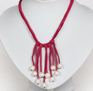 10-11mm Natural White Freshwater Pearl Tassel Necklace with Hot Pink Leather Cord