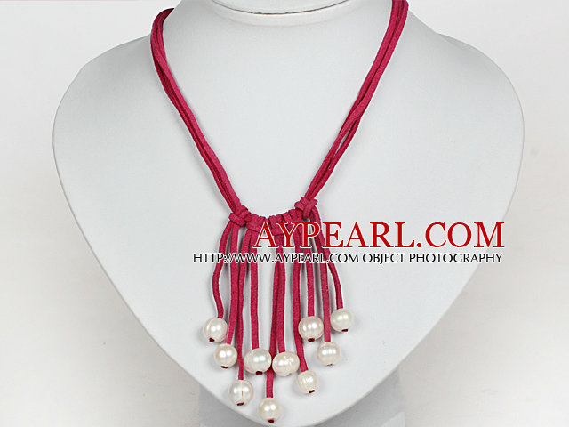 10-11mm натуральный белый жемчуг пресноводных кисточкой ожерелье с ярко-розовый кожаный шнур