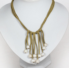 10-11mm Natural White Freshwater Pearl Tassel Necklace with Yellow Green Leather Cord