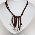 10-11mm Natural White Freshwater Pearl Tassel Necklace with Dark Brown Leather Cord