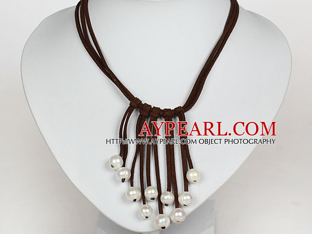 10-11mm Natural White Freshwater Pearl Tassel Necklace with Dark Brown Leather Cord