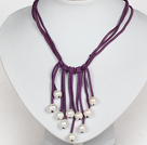 10-11mm Natural White Freshwater Pearl Tassel Necklace with Purple Leather Cord