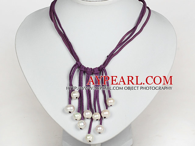 10-11mm Natural White Freshwater Pearl Tassel Necklace with Purple Leather Cord