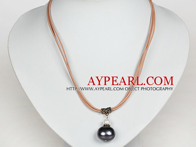 Black Gray Potato Shape Sea Shell Beads Pendant Leather Necklace