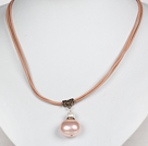 Pink Potato Shape Sea Shell Beads Pendant Leather Necklace