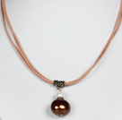 Coffee Color Potato Shape Sea Shell Beads Pendant Leather Necklace