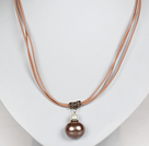Light Brown Color Potato Shape Sea Shell Beads Pendant Leather Necklace