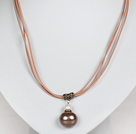 Wholesale Light Brown Color Potato Shape Sea Shell Beads Pendant Leather Necklace