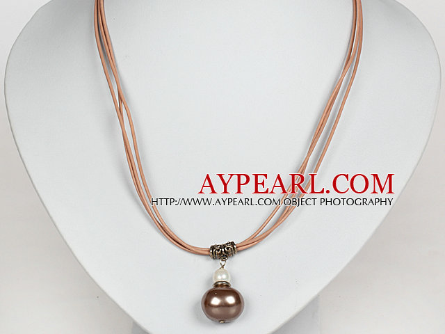 Light Brown Color Potato Shape Sea Shell Beads Pendant Leather Necklace