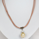 Wholesale Light Yellow Color Potato Shape Sea Shell Beads Pendant Leather Necklace