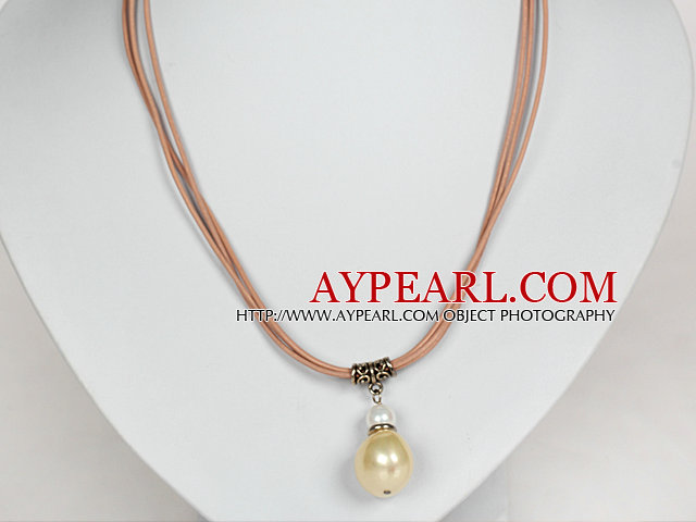 Light Yellow Color Potato Shape Sea Shell Beads Pendant Leather Necklace