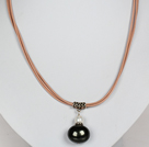 Black Color Potato Shape Sea Shell Beads Pendant Leather Necklace