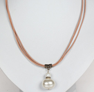 White Potato Shape Sea Shell Beads Pendant Leather Necklace