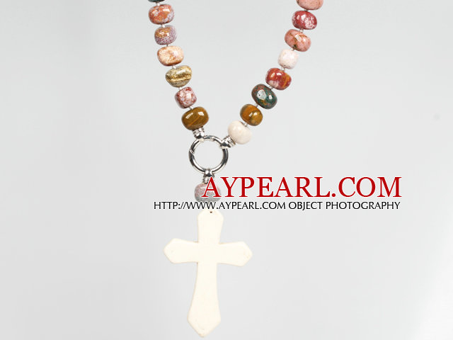 Peacock Stone and Howlite Cross Pendant Necklace