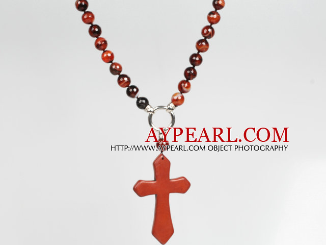 Faceted Visional Agate and Turquosie Cross Pendant Necklace