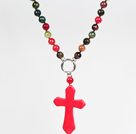 Wholesale Tourmaline and Agate and Red Turquoise Cross Pendant Necklace