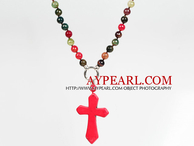 Tourmaline and Agate and Red Turquoise Cross Pendant Necklace