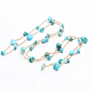 Fashion Style long Bleu Turquoise Chips couleur or collier de perles