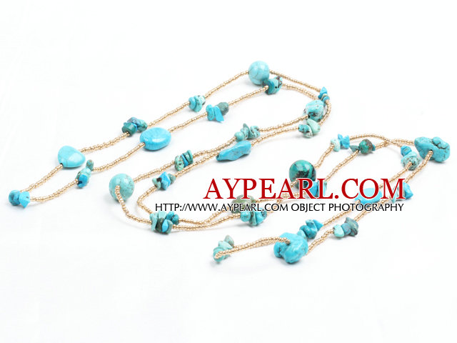 Fashion Long Style Blue Turquoise Chips Gold Color Beads Necklace