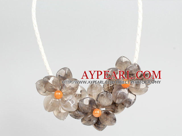 Fashion Style Gray Acrylic Flower Bib Statement Leather Necklace