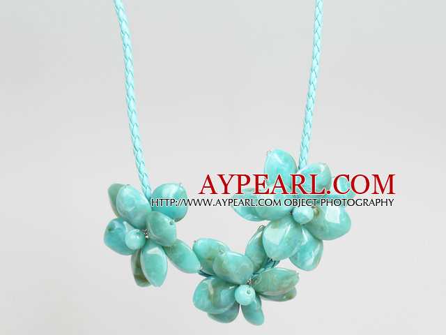 Fashion Style Lake Blue Acrylic Flower Bib Statement Leather Necklace