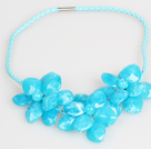 Fashion Style Blue Acrylic Flower Bib Statement Leather Necklace
