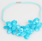 Fashion Style Blue Akryl Flower Haklapp Statement Läder Halsband