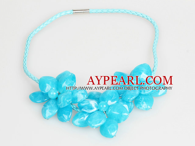 Fashion Style Blue Acrylic Flower Bib Statement Leather Necklace